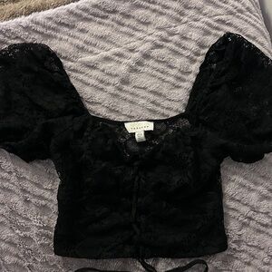 Topshop Black Lace Puff Sleeve Blouse